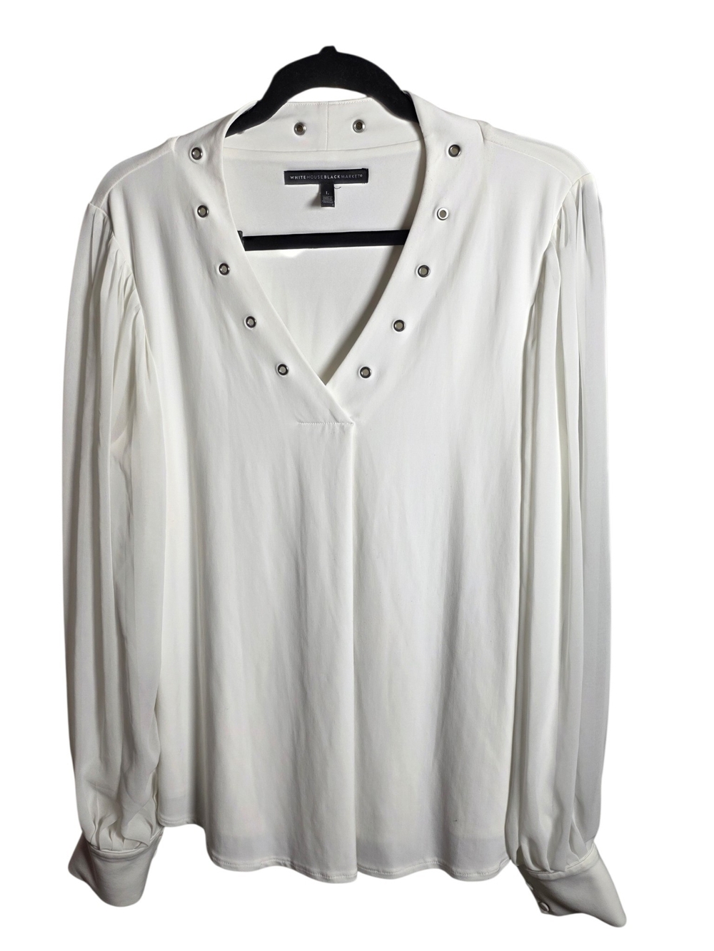 White House Black Market White Grommet V-Neck Long Sleeve Blouse